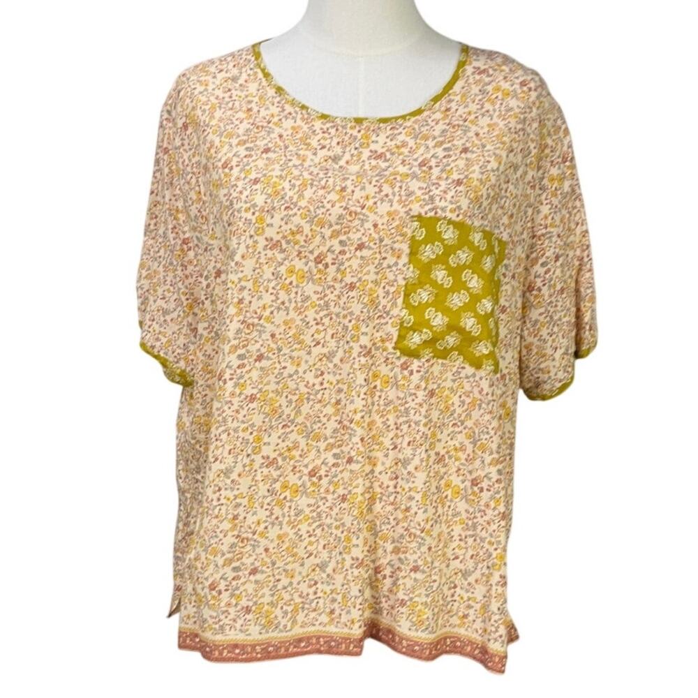 Madewell Women’s 2X Floral Button Back Top Mixed Print Pocket Boho Blouse
